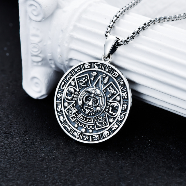 Collar de plata de ley con colgante de calendario azteca para hombre-3