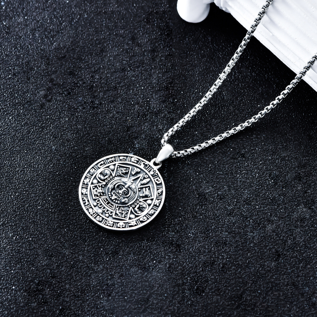 Sterling Silver Aztec Calendar Pendant Necklace for Men-4