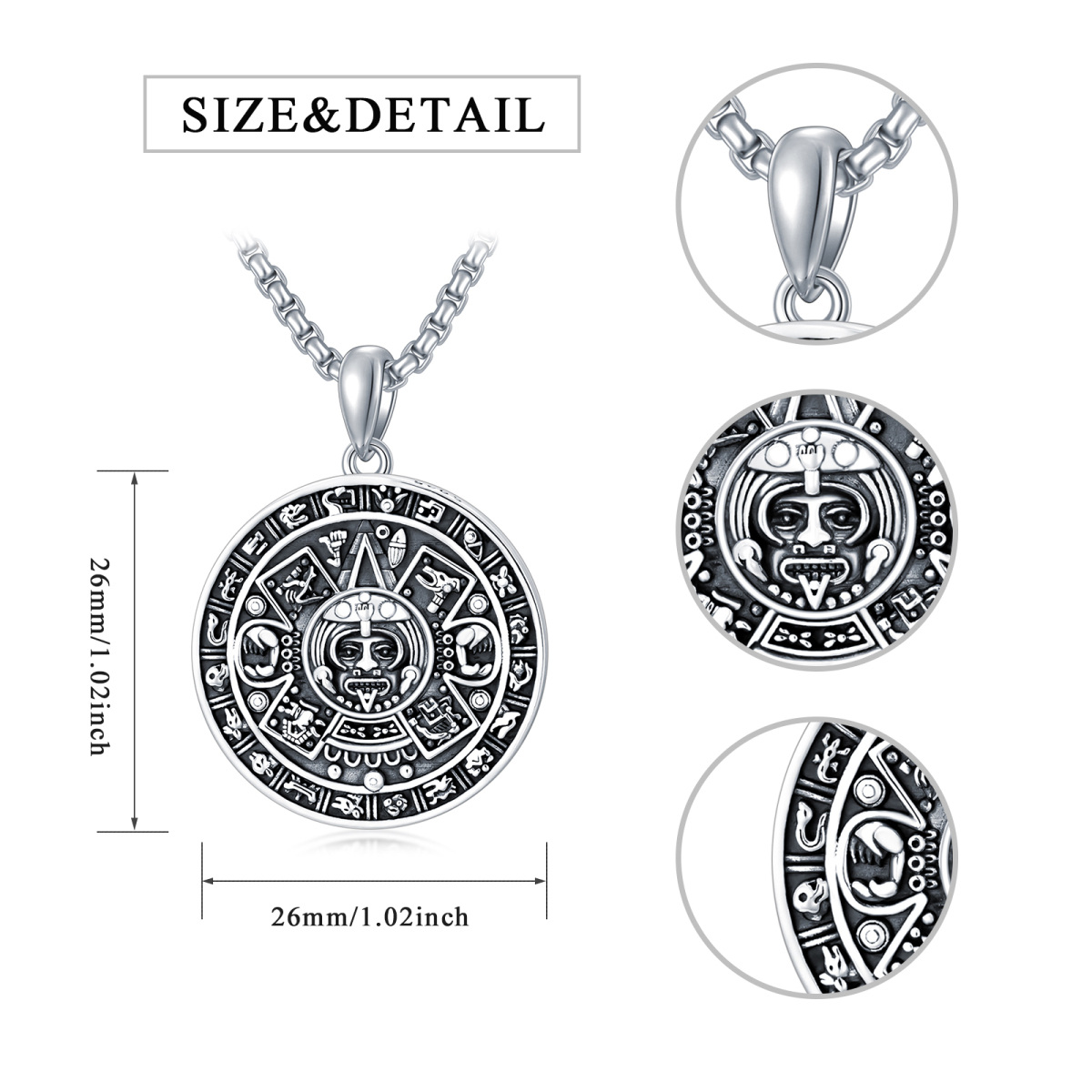 Sterling Silver Aztec Calendar Pendant Necklace for Men-5