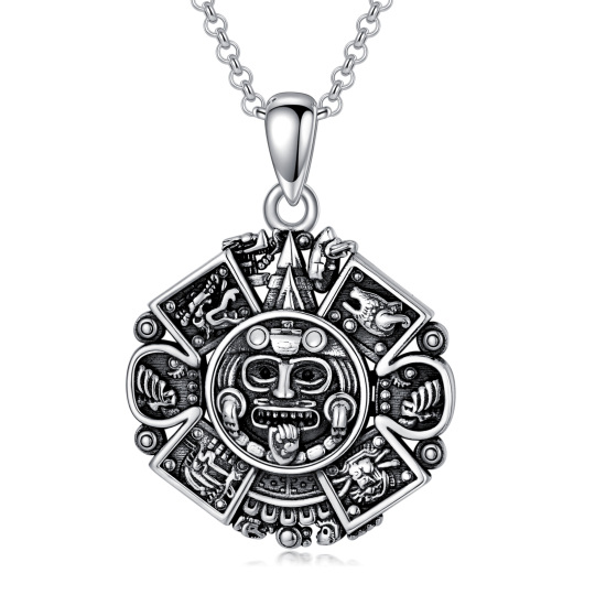 Collier en argent sterling avec pendentif calendrier aztèque