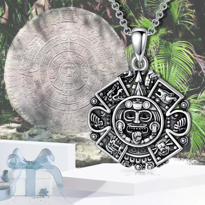 Sterling Silver Aztec Calendar Pendant Necklace-3