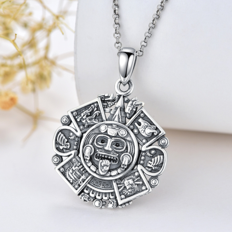 Sterling Silver Aztec Calendar Pendant Necklace-4