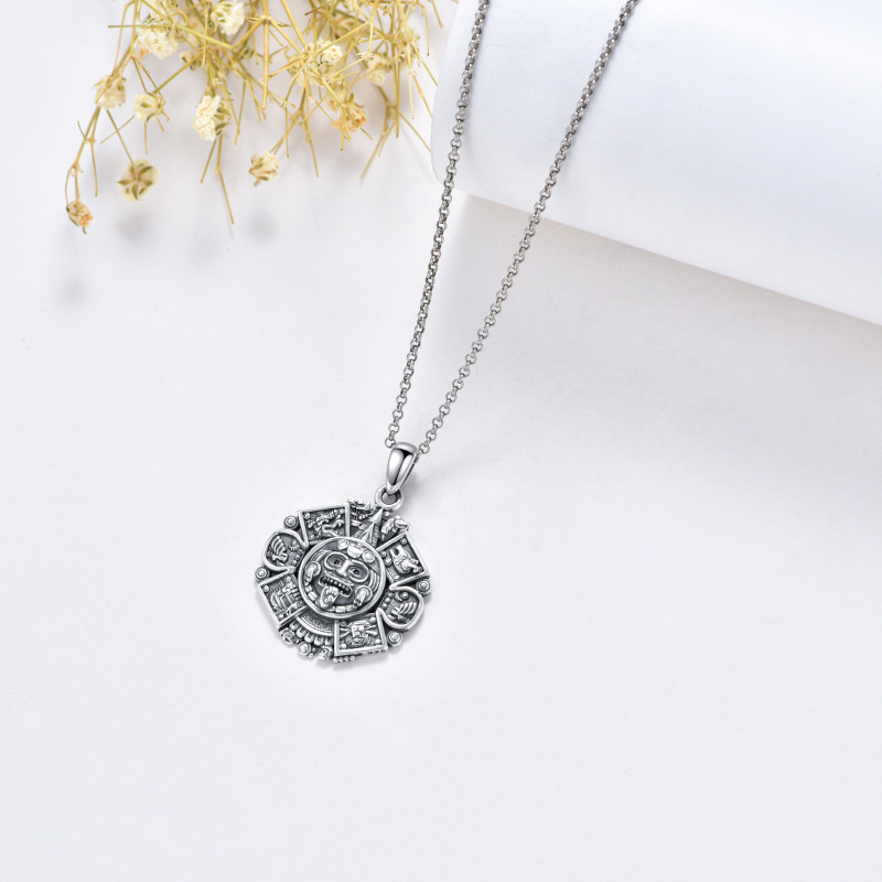 Sterling Silver Aztec Calendar Pendant Necklace-5