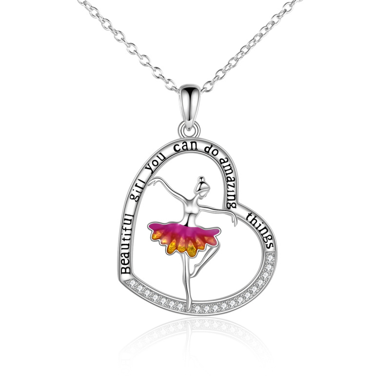 Sterling Silver Cubic Zirconia Ballet Dancer & Heart Pendant Necklace with Engraved Word-12