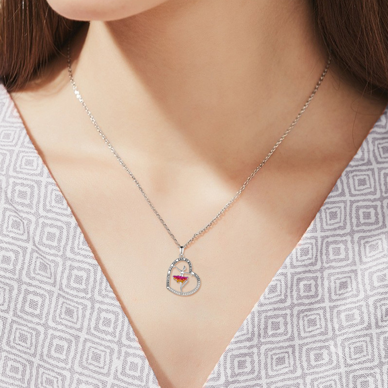 Sterling Silver Cubic Zirconia Ballet Dancer & Heart Pendant Necklace with Engraved Word-2