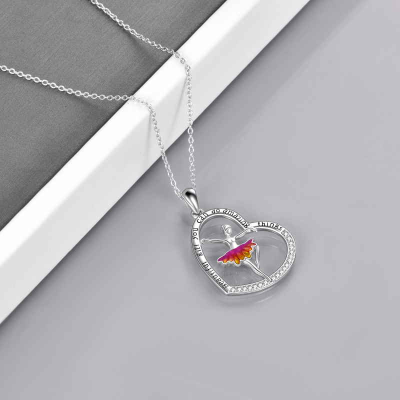 Sterling Silver Cubic Zirconia Ballet Dancer & Heart Pendant Necklace with Engraved Word-4