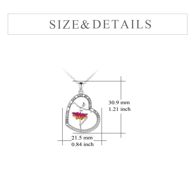Sterling Silver Cubic Zirconia Ballet Dancer & Heart Pendant Necklace with Engraved Word-5