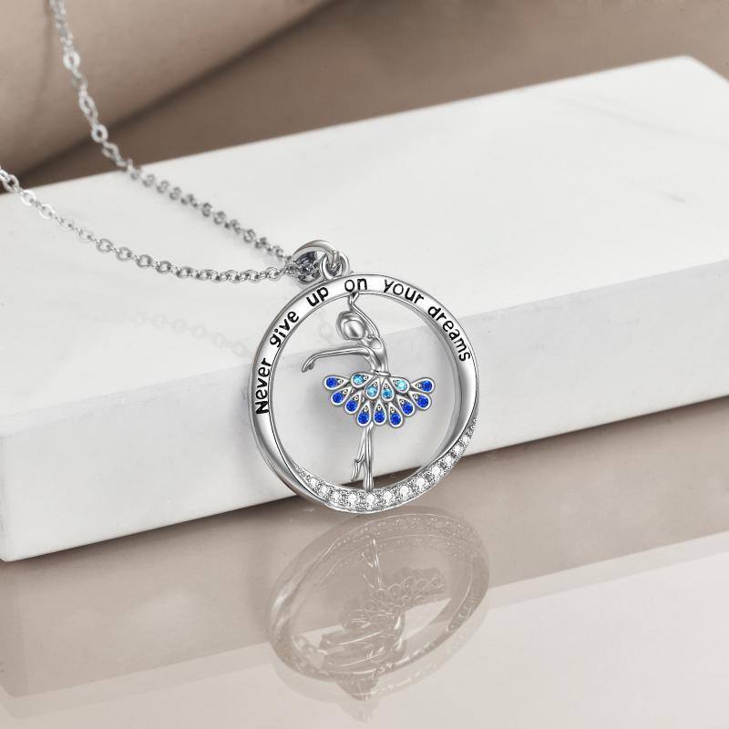 Sterling Silver Cubic Zirconia Ballet Dancer Pendant Necklace with Engraved Word-4