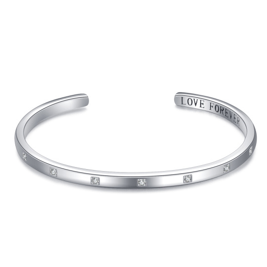 Sterling Silver Cubic Zirconia Engraved Bangle