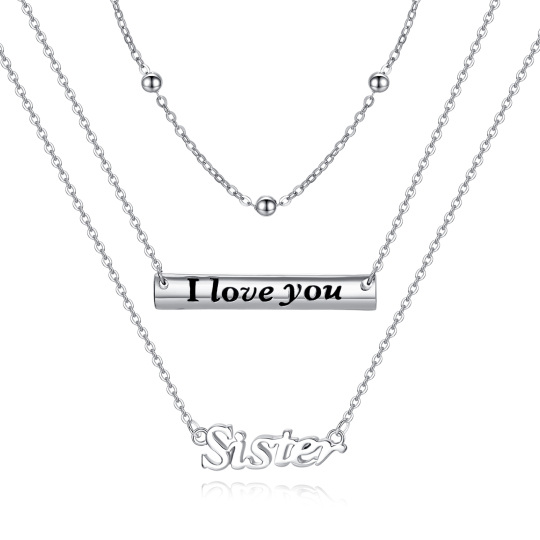 Sterling Silver Bar Layered Necklace with Engraved Word I Love You Sister