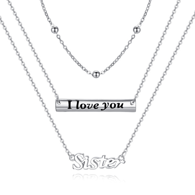 Sterling Silver Bar Layered Necklace with Engraved Word I Love You Sister-1