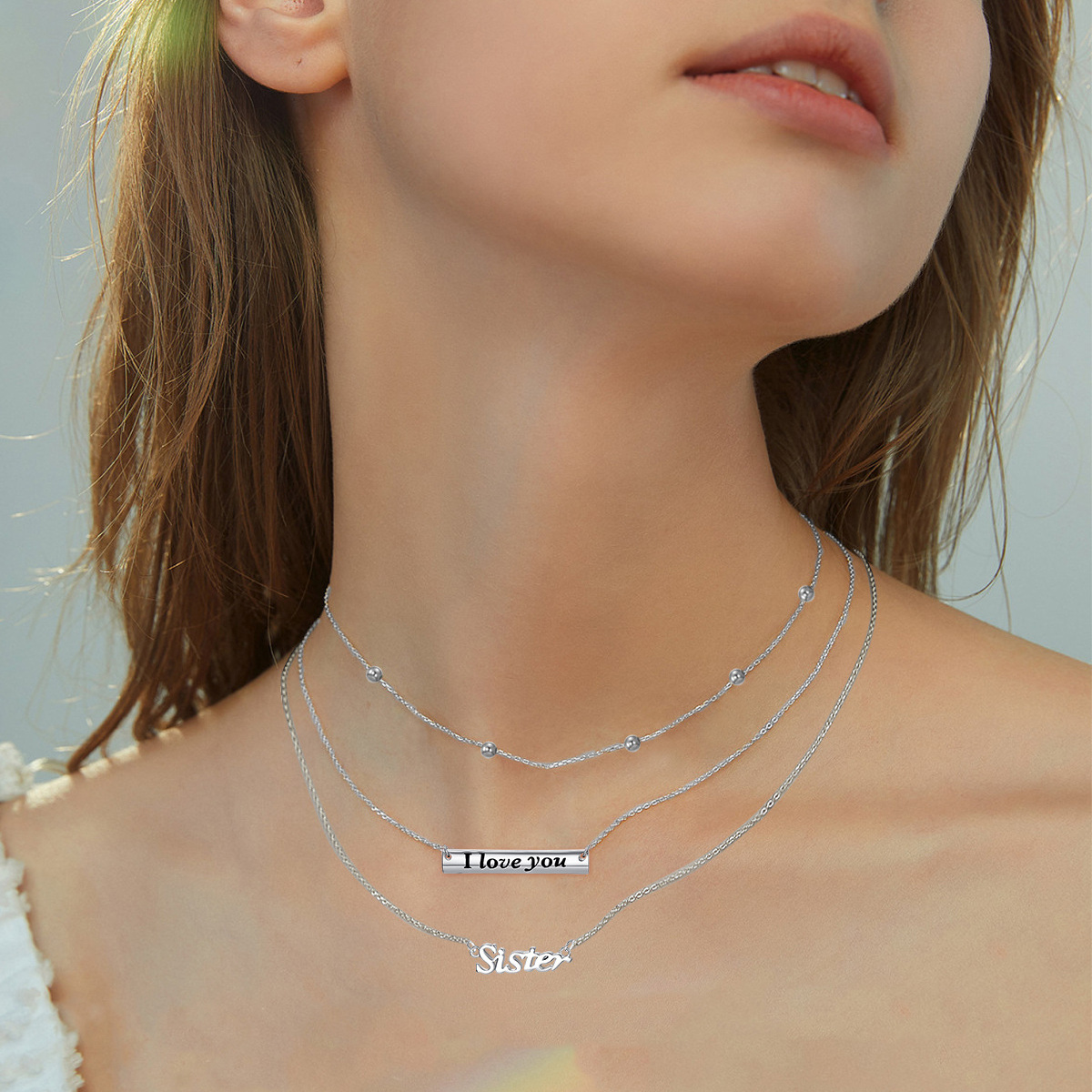 Sterling Silver Bar Layered Necklace with Engraved Word I Love You Sister-2