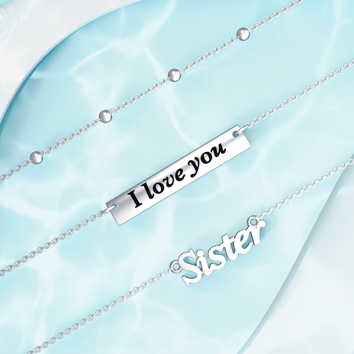 Sterling Silver Bar Layered Necklace with Engraved Word I Love You Sister-3