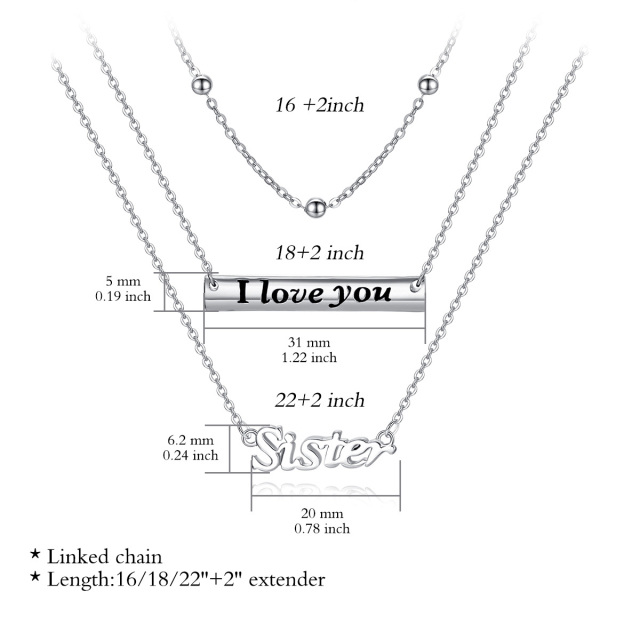 Sterling Silver Bar Layered Necklace with Engraved Word I Love You Sister-5