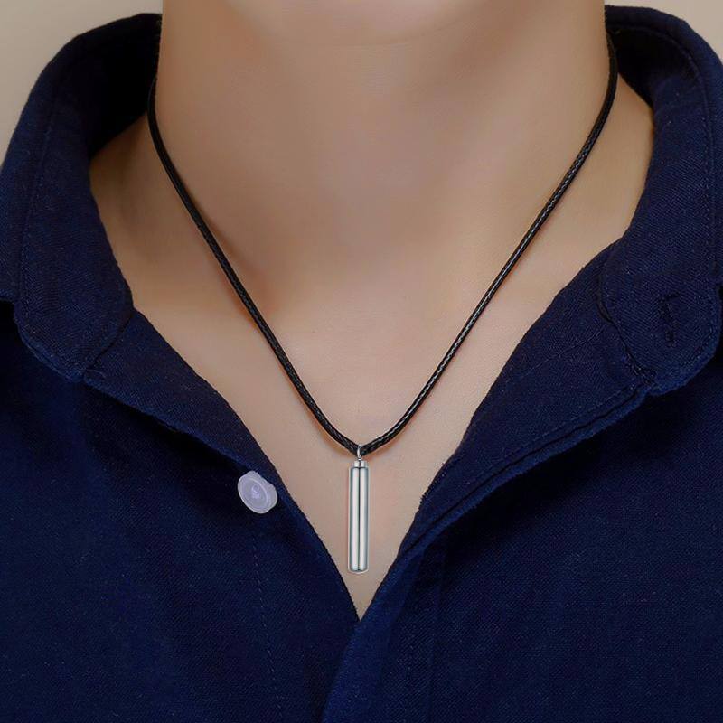 Sterling Silver Bar Urn Necklace For Ashes With Black Rope Chain For Men-2