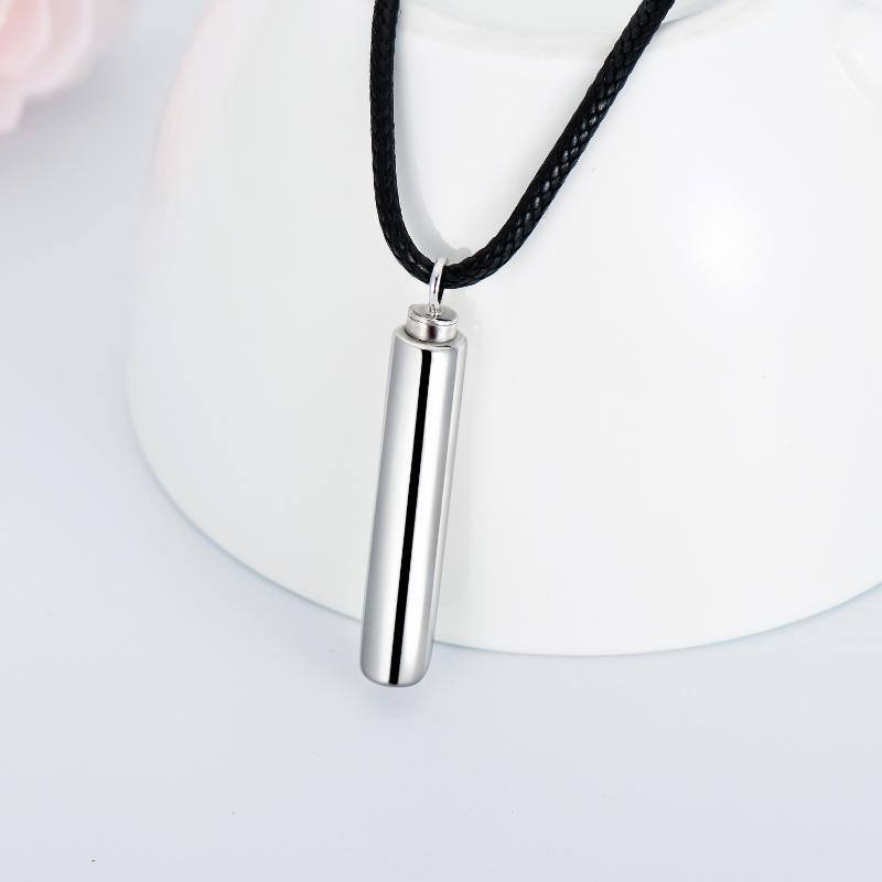 Sterling Silver Bar Urn Necklace For Ashes With Black Rope Chain For Men-3