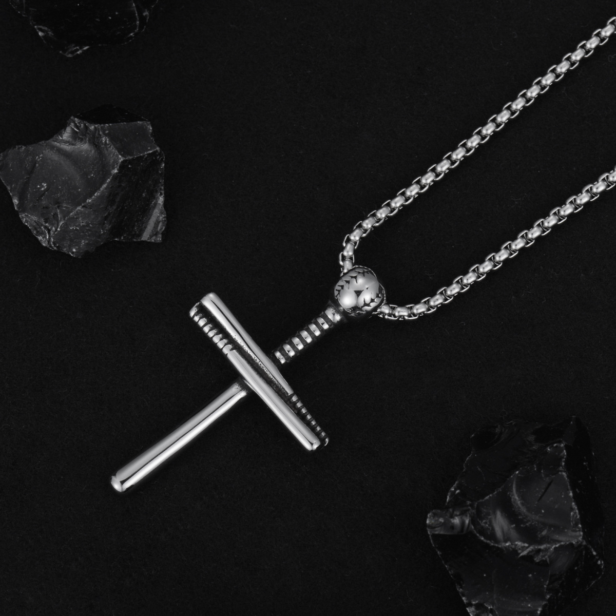 Sterling Silver Baseball & Cross Necklace for Men-4