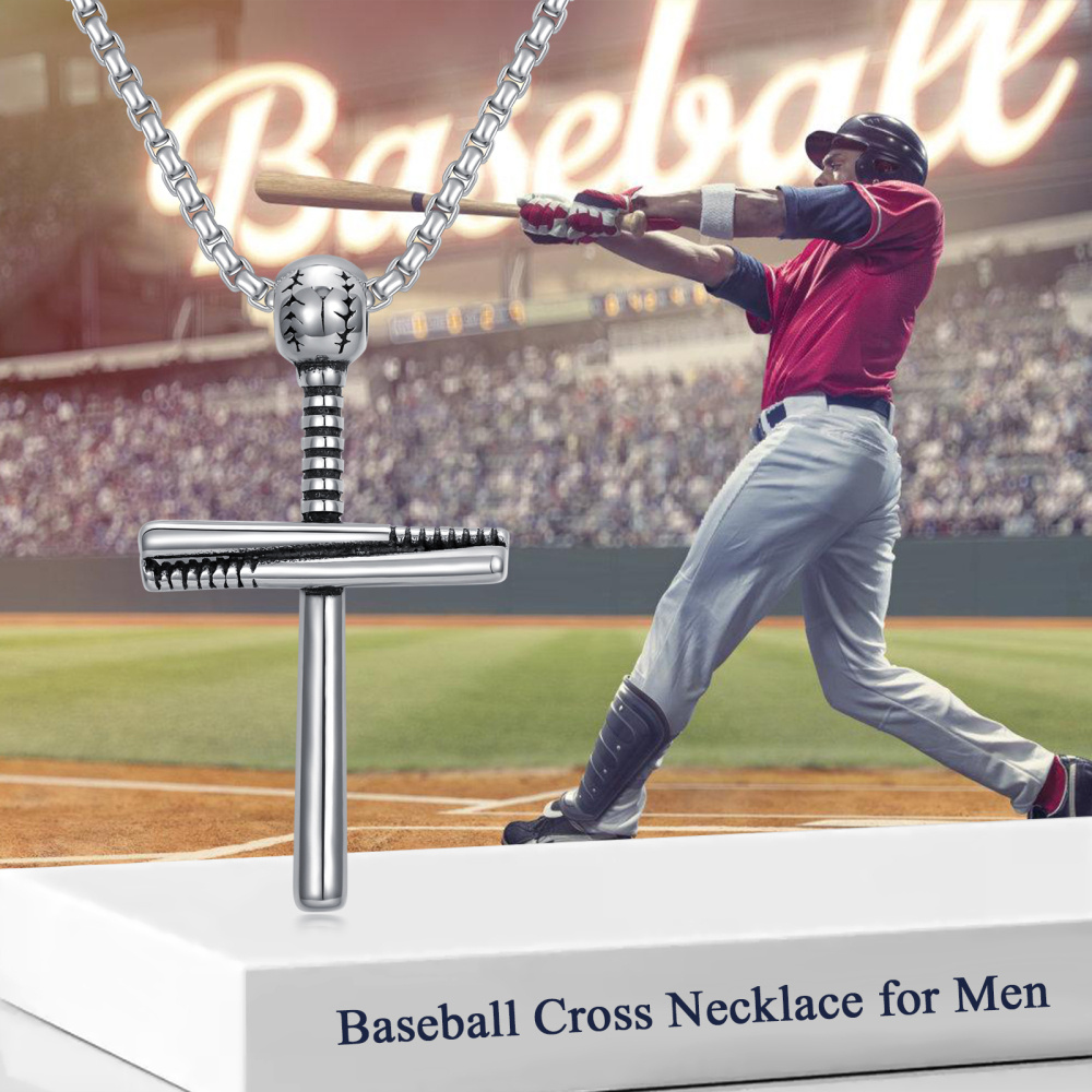 Colar de cruz de beisebol de prata esterlina para homens-6
