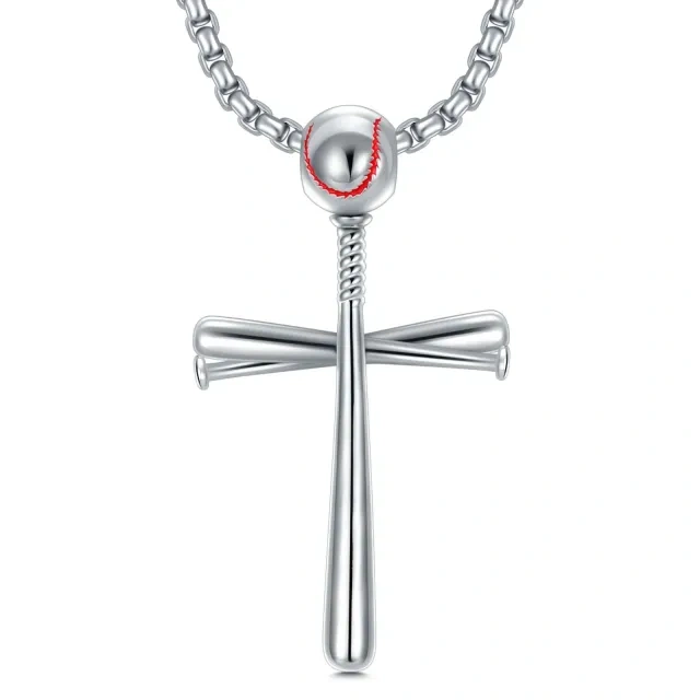 Sterling Silver Baseball & Cross Pendant Necklace for Men-1