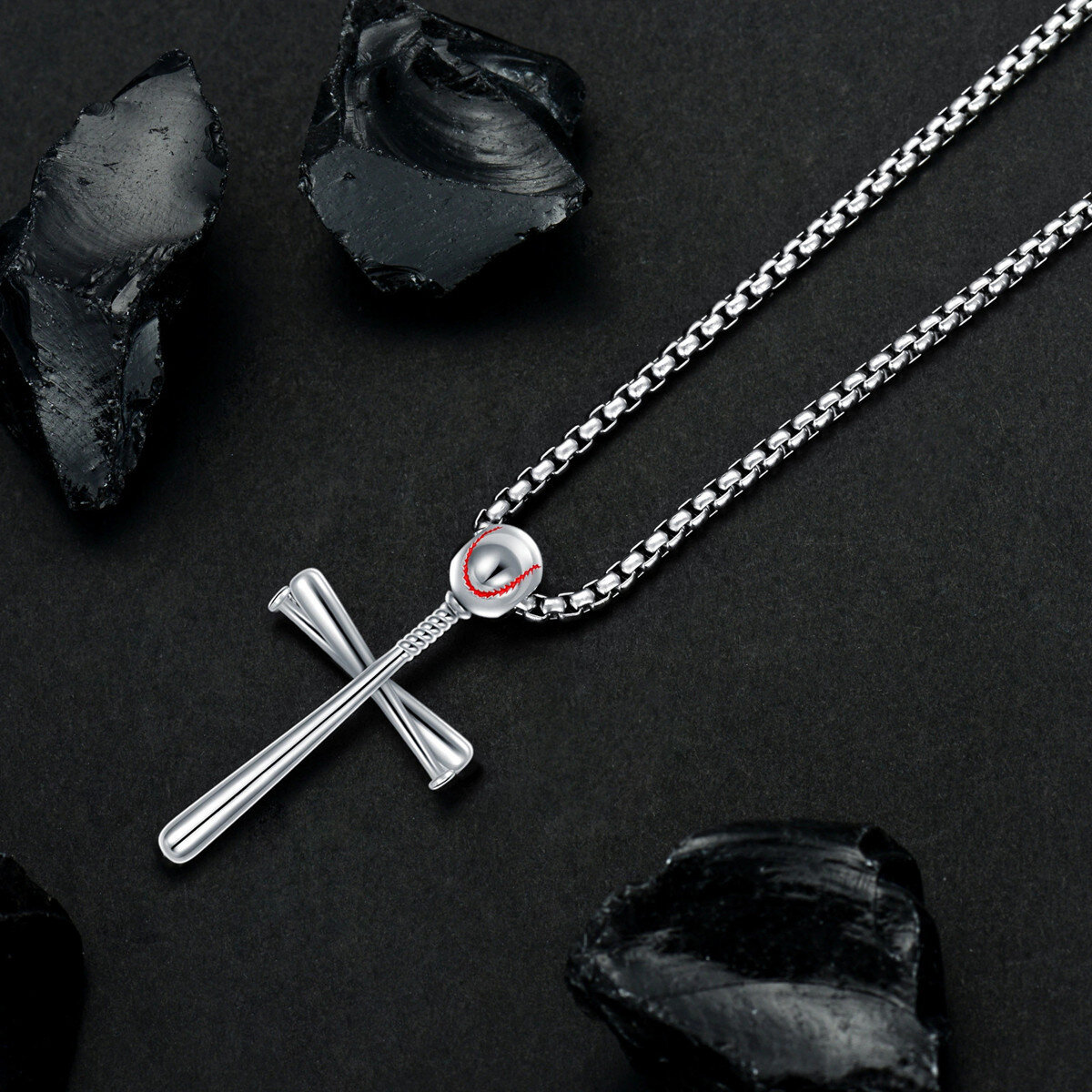 Sterling Silver Baseball & Cross Pendant Necklace for Men-3