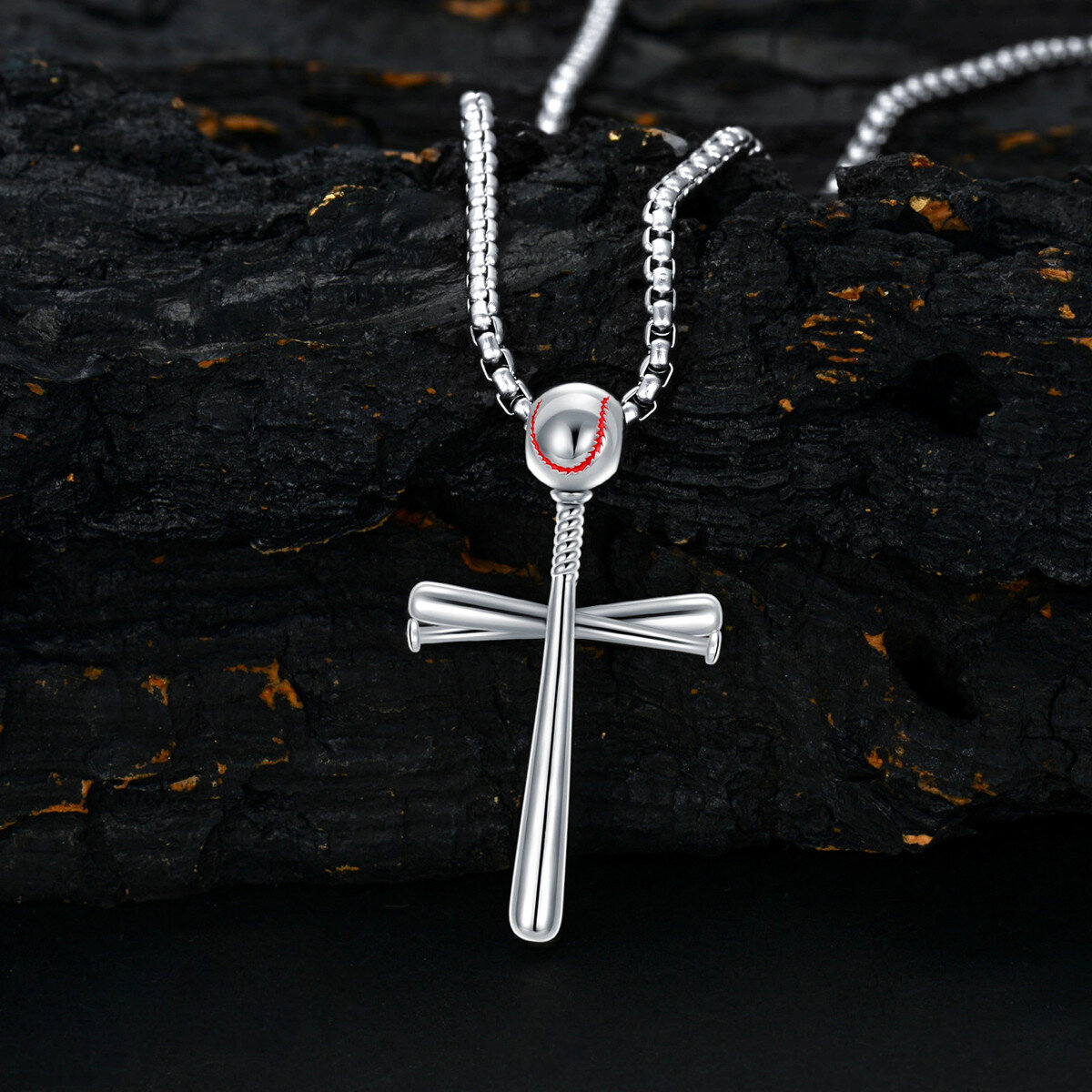 Sterling Silver Baseball & Cross Pendant Necklace for Men-4