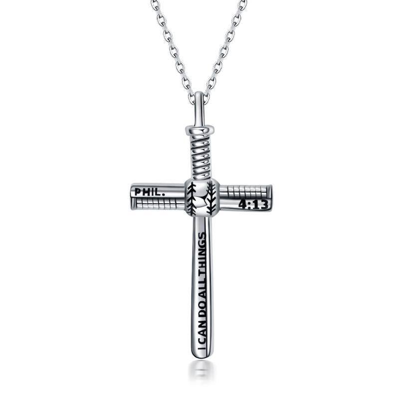 Collier en argent sterling avec pendentif baseball et croix avec mot gravé-1