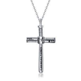 Sterling Silver Baseball & Cross Pendant Necklace with Engraved Word-58