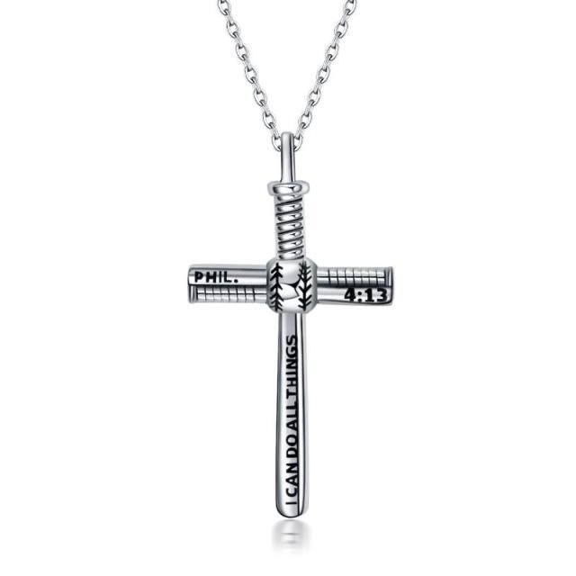 Sterling Silver Baseball & Cross Pendant Necklace with Engraved Word-5