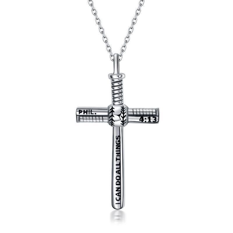 Sterling Silver Baseball & Cross Pendant Necklace with Engraved Word-11