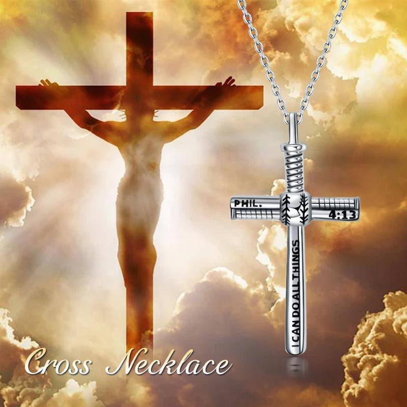 Sterling Silver Baseball & Cross Pendant Necklace with Engraved Word-3