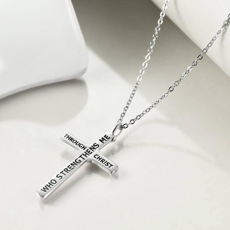 Collier en argent sterling avec pendentif baseball et croix avec mot gravé-5