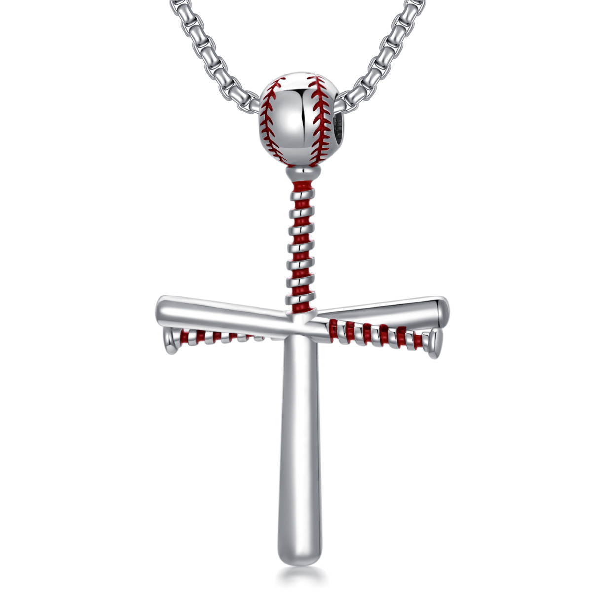 Collar de plata de ley con colgante de béisbol y cruz-1