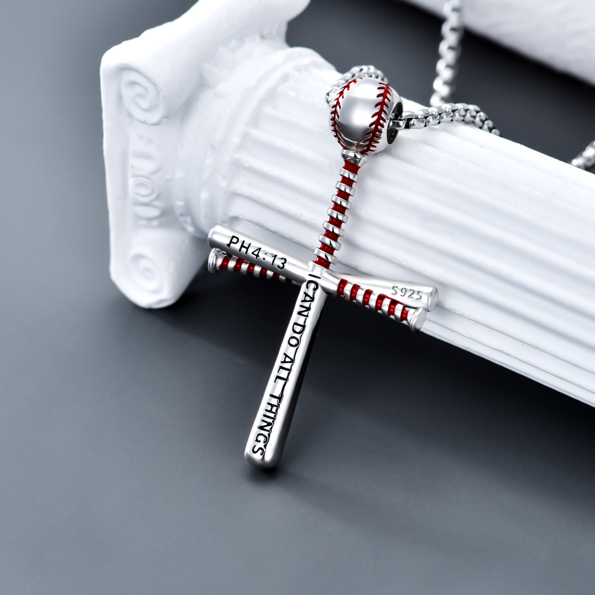 Collier en argent sterling avec pendentif baseball et croix-3