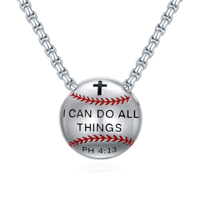 Collar de plata de ley con colgante en forma de cruz de béisbol grabado You Can Do All Things-1