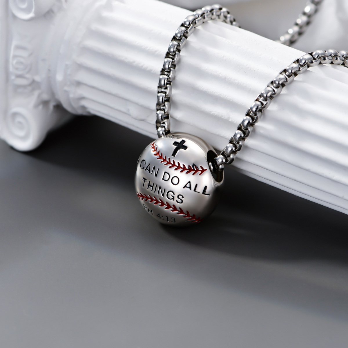 Collar de plata de ley con colgante en forma de cruz de béisbol grabado You Can Do All Things-4