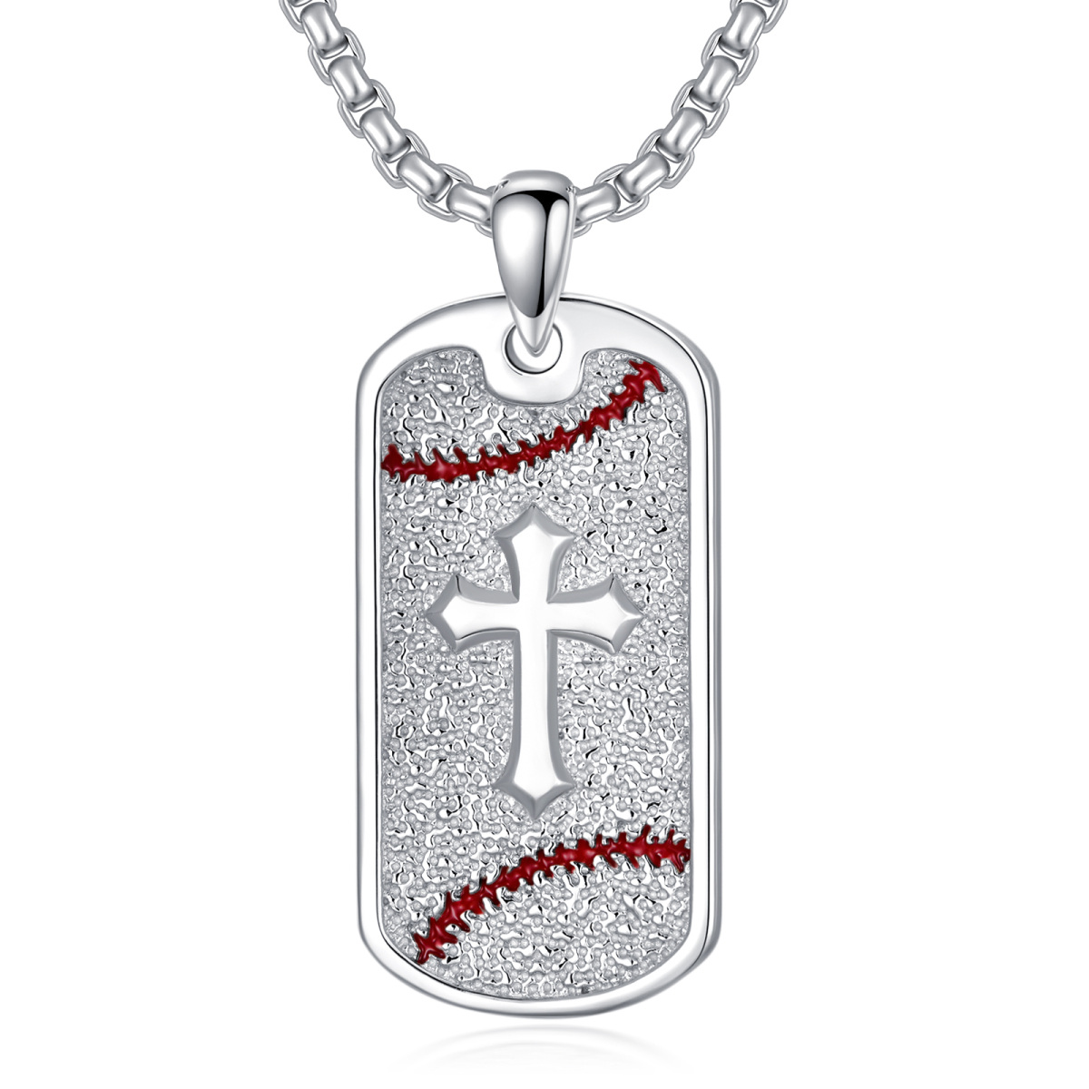 Collana con ciondolo quadrato in argento sterling con croce e baseball per uomo-1