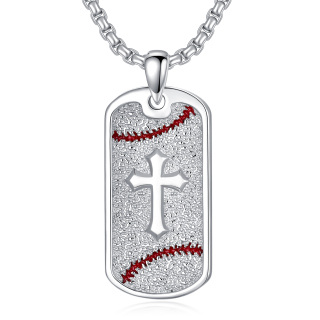 Sterling Silver Baseball & Cross Square Pendant Necklace for Men-2