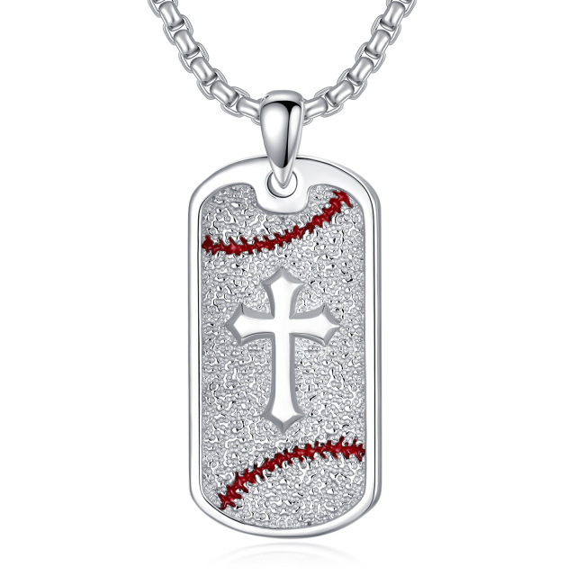 Sterling Silver Baseball & Cross Square Pendant Necklace for Men-3