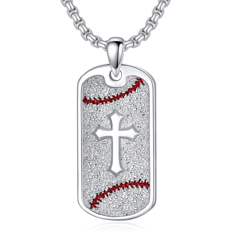 Sterling Silver Baseball & Cross Square Pendant Necklace for Men-7