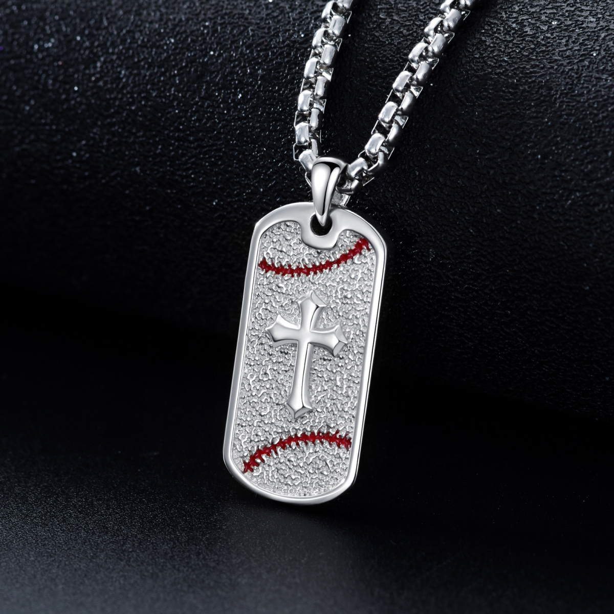 Collier en argent sterling avec pendentif carré en forme de croix et de balle de baseball pour hommes-4