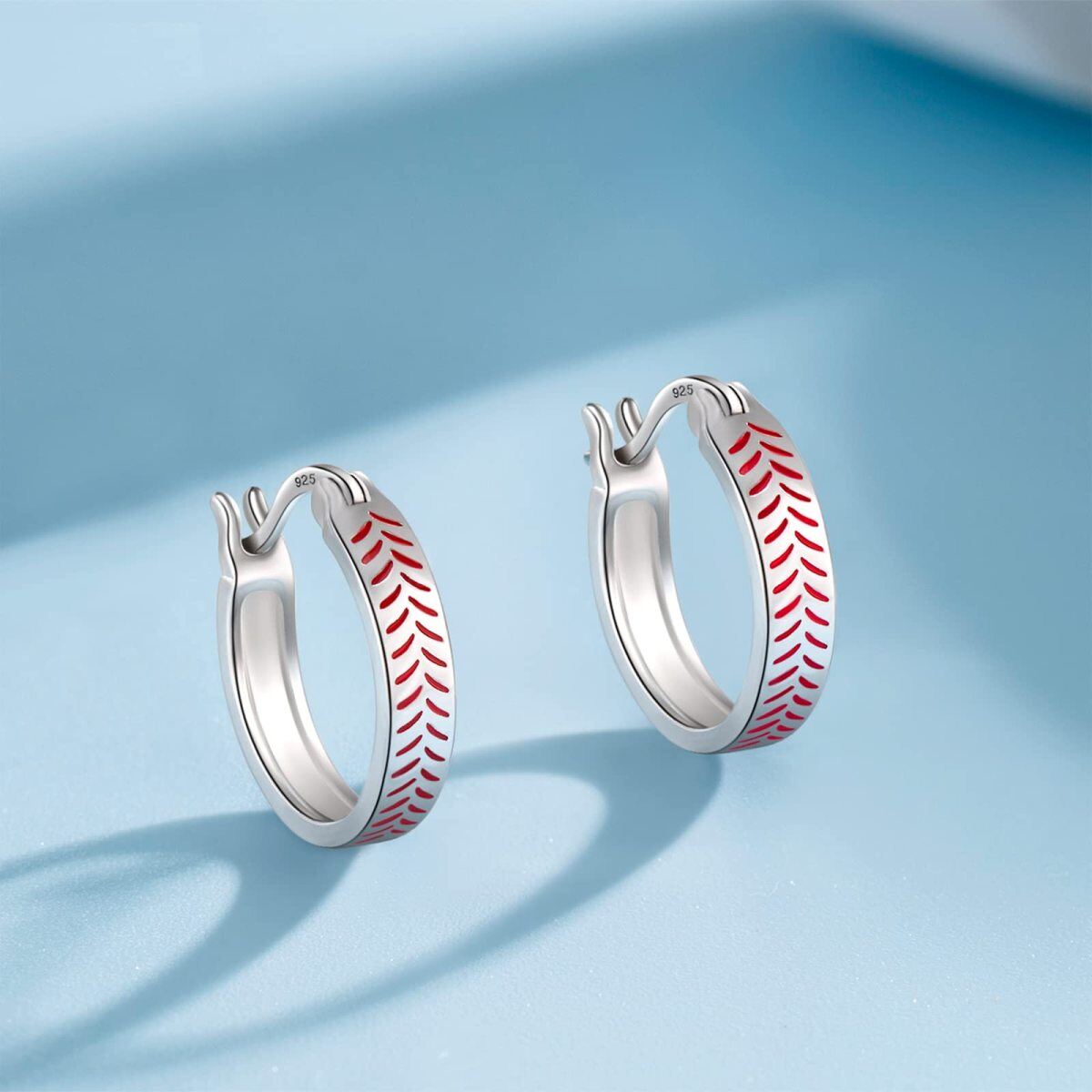 Sterling Silver Baseball Hoop Earrings-4