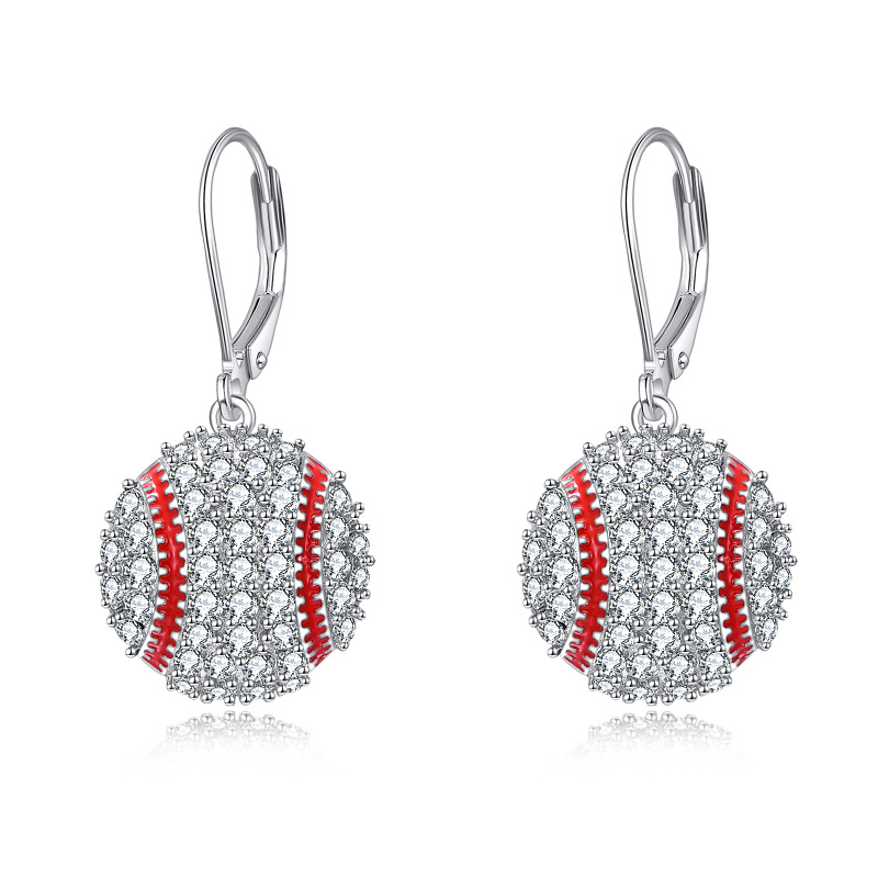 Sterling Silver Cubic Zirconia Baseball Lever-back Earrings-10
