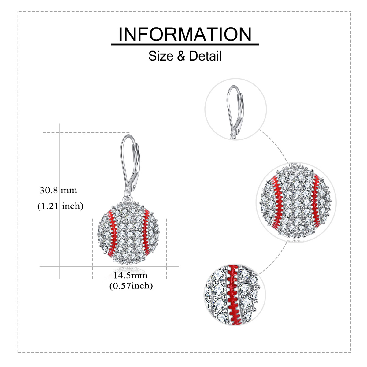 Pendientes de plata de ley con circonita cúbica y baseball-5