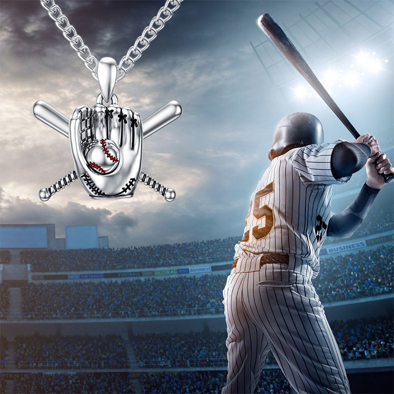 Collar de plata de ley con colgante de béisbol para hombre-4