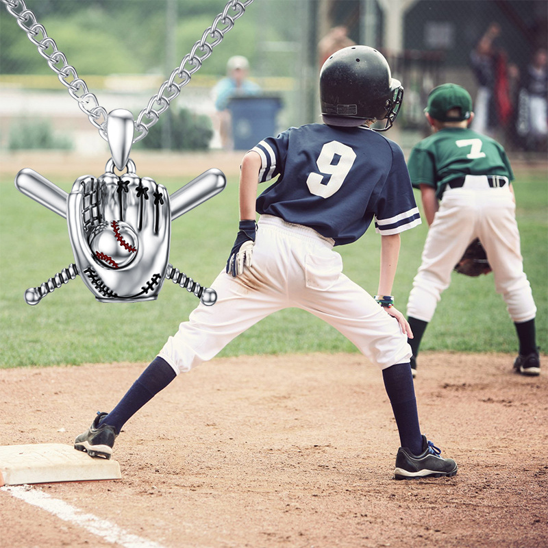 Collar de plata de ley con colgante de béisbol para hombre-5