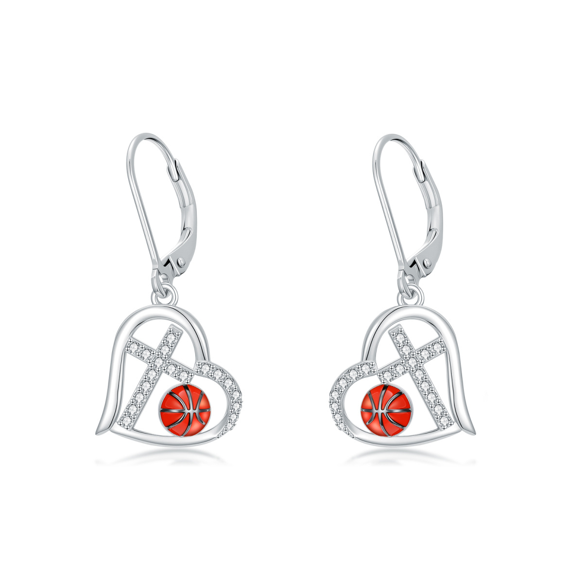 Sterling Silver Cubic Zirconia Basketball & Cross & Heart Lever-back Earrings-1