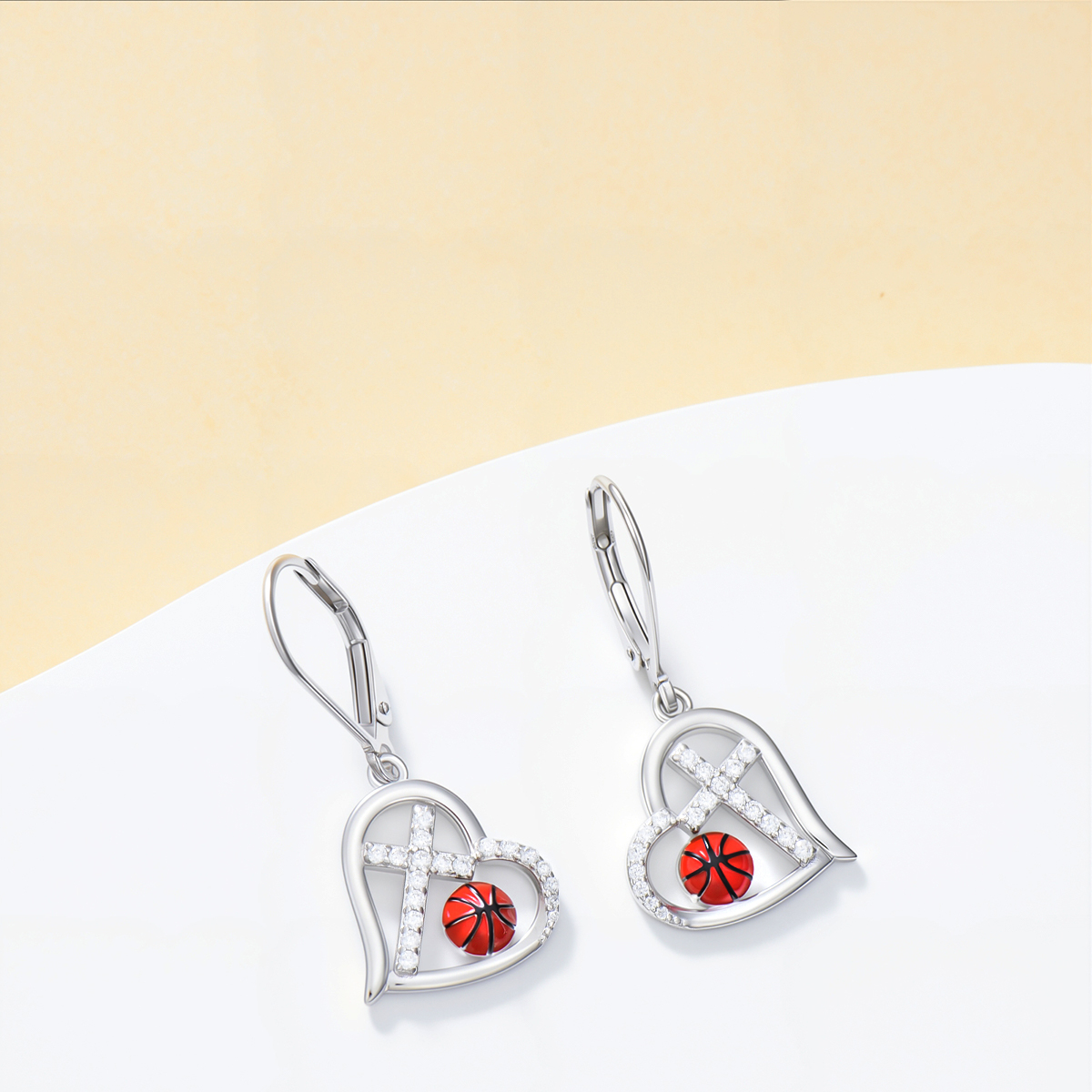 Sterling Silver Cubic Zirconia Basketball & Cross & Heart Lever-back Earrings-2