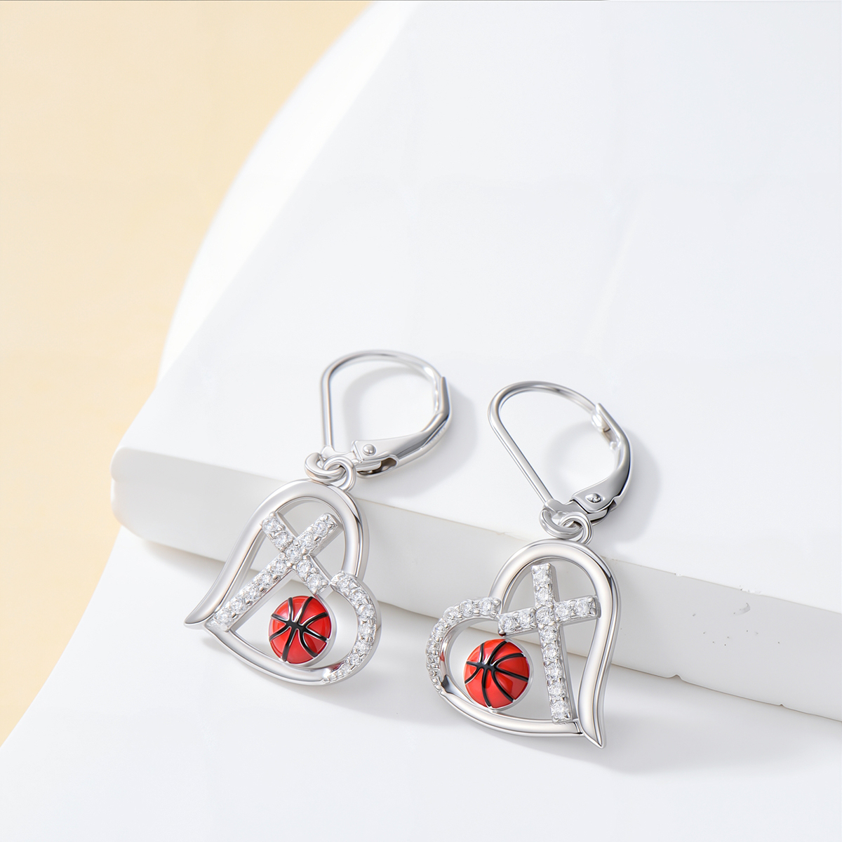 Sterling Silver Cubic Zirconia Basketball & Cross & Heart Lever-back Earrings-3