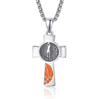 Sterling Silver Basketball & Cross Pendant Necklace with Engraved Word for Men-3