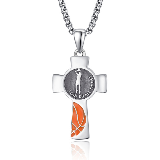 Sterling Silver Basketball & Cross Pendant Necklace with Engraved Word for Men